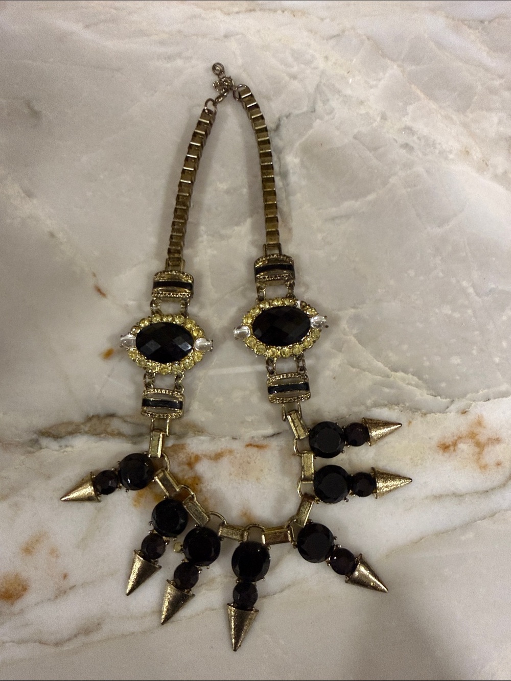 Gold-Tone Black Gem and Spike Statement Necklace